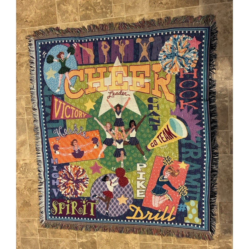 Vintage Cheerleader Woven Tapestry Throw Blanket Fringe Colorful Sports Woven